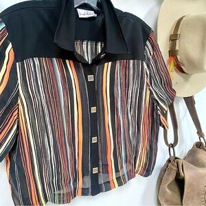 Joseph Ribkoff semi sheer stripe blouse/covet up w retro midcentury YTK vibe